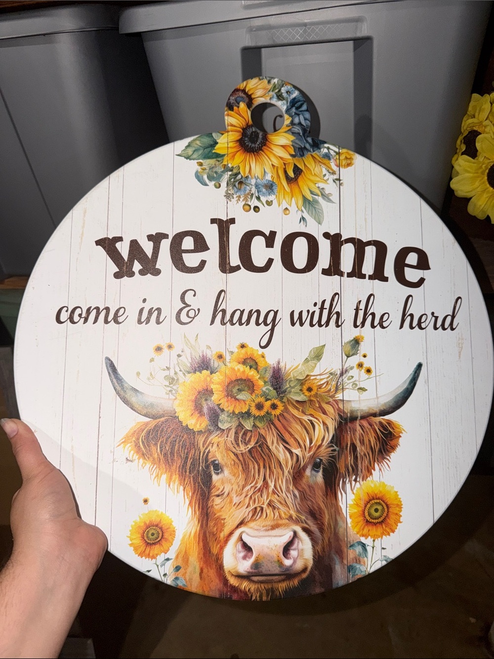 Welcome Sunflower Highland Cow Round Wall Sign - Rustic White